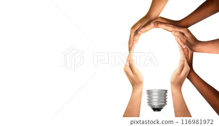 Symbols and shapes of light bulbs created by hand. People thinking together and team ideas coming together joining hands. The concept of idea. 116981972