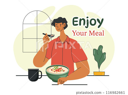Enjoy Your Meal Vector Illustration of a Variety of Delicious Food in Home or Restaurant Settings in Flat Style Cartoon Background Design 116982661