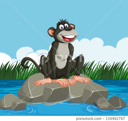 Happy Monkey on River Rocks 116982787
