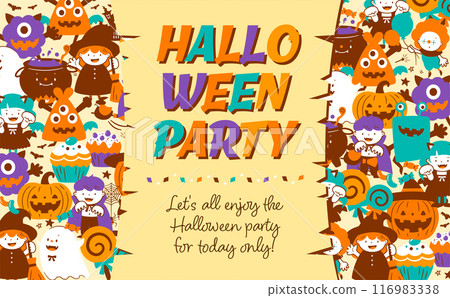 A cute frame background of children dressed up at a Halloween party, pumpkins, ghosts, monsters, etc. 116983338