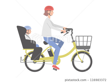 Woman and child on electric bicycle (back seat) Woman and child on electric bicycle (back seat) 116983372