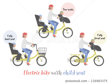 Set of woman and child riding electric bicycle (back, front, front and back) Set of woman and child riding electric bicycle (back, front, front and back) 116983375
