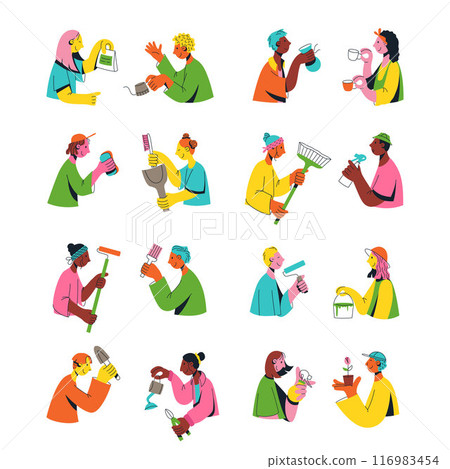 Set of portraits of young people flat vector illustration. Unity in diversity. People are doing something together. Cleaning, repair work, gardering Set of portraits of young people flat vector illustration. Unity in diversity. People are doing something together. Cleaning, repair work, gardering 116983454
