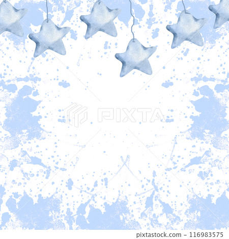 Watercolor baby shower frame with blue splashes and hanging stars illustration. Hand drawn background for gender party, baby boy shower invitation, packing, poster design. Kid's decor 116983575