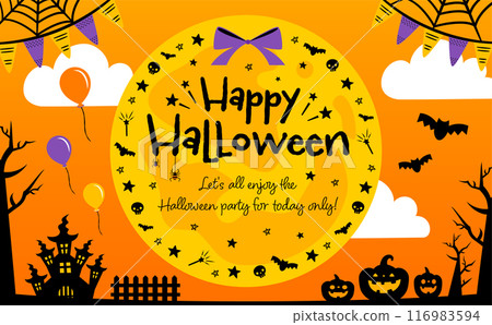 Moonlight castle and Halloween pumpkin silhouette frame circular enclosure title back background illustration material 116983594
