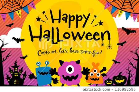 Cute title background with moonlight castle, monsters and Halloween pumpkin silhouette frame in circular border 116983595