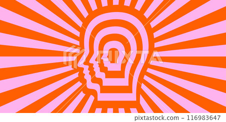 Retro trippy psychedelic background. Red and pink groovy head with ray burst wallpaper. Vintage colorful hippie tunnel poster. Mental hypnotic vibe concept. Vector backdrop 116983647