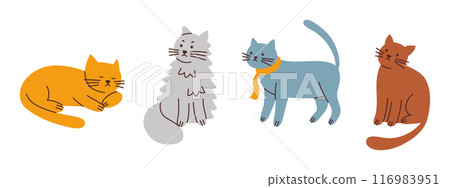 Set of cats of different colors and breeds, sitting and lying animals vector illustration. Diverse cartoon pets for pet shops, veterinarians. Cute flat design, Maine Coon, Siberian, Ragdoll kittens 116983951