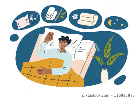 Man sleeping on bed with natural materials, cotton pillowcases, bamboo blankets, orthopedic and feather pillows. Organic bedding vector illustration, flat cartoon style. Healthy sleep hygiene Man sleeping on bed with natural materials, cotton pillowcases, bamboo blankets, orthopedic and feather pillows. Organic bedding vector illustration, flat cartoon style. Healthy sleep hygiene 116983953