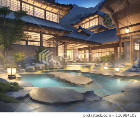 Illuminated open-air hot spring bath 116984102