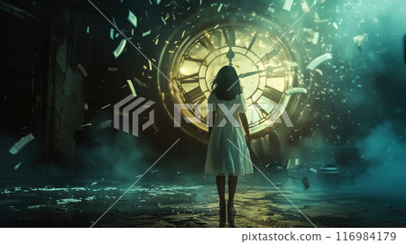 Surreal moment of a woman standing in front of clock. Watching destiny with the time passing. Generative Ai. Surreal moment of a woman standing in front of clock. Watching destiny with the time passing. Generative Ai. 116984179