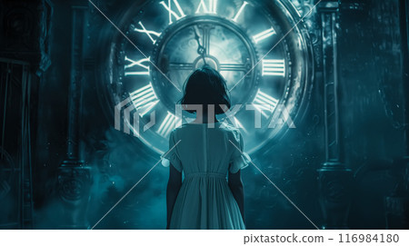 Surreal moment of a woman standing in front of clock. Watching destiny with the time passing. Generative Ai. 116984180