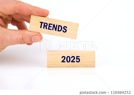 TRENDS 2025 text written phrase made of wooden blocks is laid out on a white background 116984252
