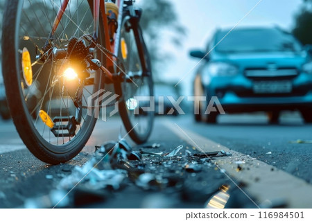 Bicycle Accident with Debris on Road at Dusk 116984501