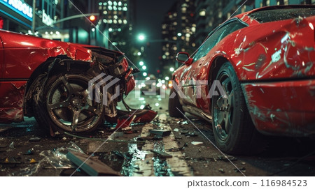 Nighttime Urban Car Crash with Damaged Vehicles Nighttime Urban Car Crash with Damaged Vehicles 116984523