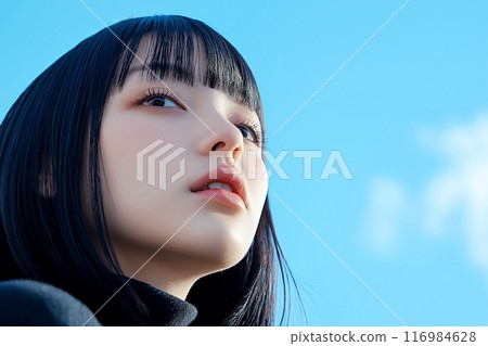 Beautiful black-haired woman photographed under blue sky/skin care "AI generated image" 116984628