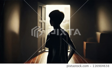 Boy looking out of an open door Boy looking out of an open door 116984638
