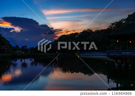 Summer 2024 Evening view of Sagiike Ukimido in Nara Park - Shadow of cumulonimbus clouds hiding the crimson clouds② Summer 2024 Evening view of Sagiike Ukimido in Nara Park - Shadow of cumulonimbus clouds hiding the crimson clouds② 116984866