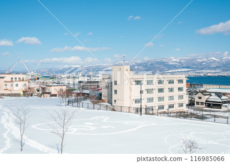 Motomachi Park Perry's Square and harbor city view at winter in Hakodate, Hokkaido, Japan Motomachi Park Perry's Square and harbor city view at winter in Hakodate, Hokkaido, Japan 116985066