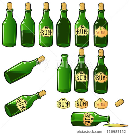 the bottles are green empty with wine and rum. bottles are open and corked with a cork. On the label there is an inscription rum and wine. standing and lying bottles. liquid or alcohol leaks out of 116985132