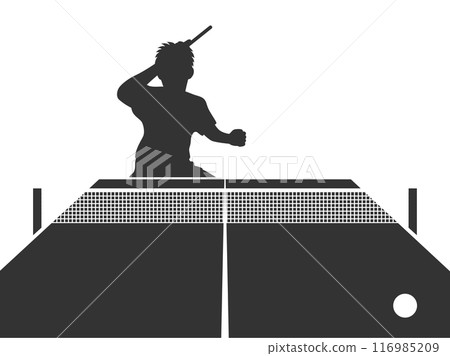 一名男乒乓球運動員揮動球拍和乒乓球桌的剪影插圖 116985209