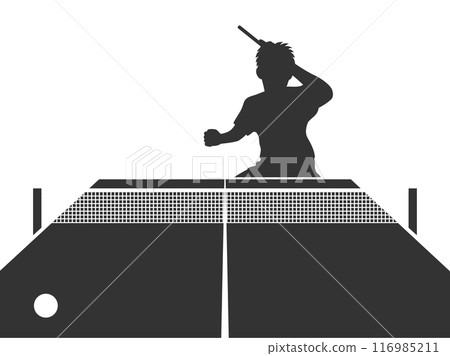 一名男乒乓球運動員（左手）揮動球拍和乒乓球桌的剪影插圖 116985211