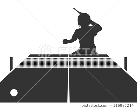 女乒乓球選手(左手)揮動球拍和乒乓球桌的剪影插圖 女乒乓球選手(左手)揮動球拍和乒乓球桌的剪影插圖 116985214
