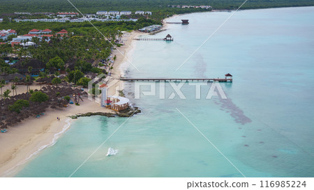 Drone shot of Bayahibe beach crystal clear sea with beautiful sandy beach 116985224