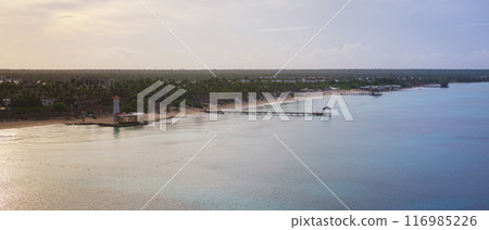 Drone shot of Bayahibe beach panorama of shore and clear crystal sea at sunrise Drone shot of Bayahibe beach panorama of shore and clear crystal sea at sunrise 116985226