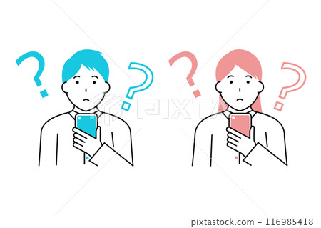 一名年輕男女看著智慧型手機並產生疑問的插圖 116985418