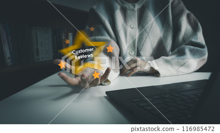 Satisfaction concept of customer, express their opinions, answers and satisfied scores, client is satisfied with pressing 5 stars icon, excellent service, good feedback from user 116985472