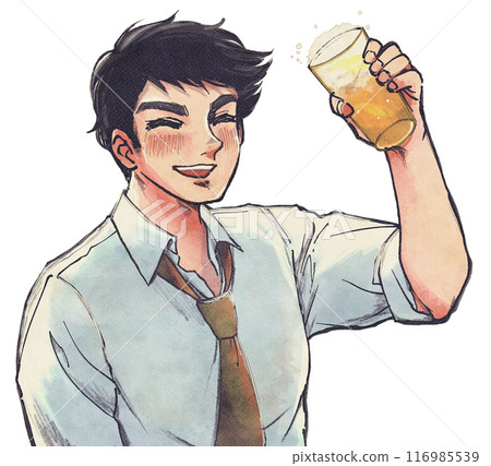 Retro style bust-up illustration of a beer-loving office worker toasting with a smile 116985539