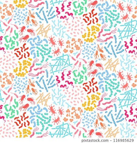 Vibrant vector illustration of various microorganisms, including beneficial bacteria and probiotics. 116985629