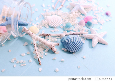 Summer seaside memories spilling from a glass bottle Summer seaside memories spilling from a glass bottle 116985634