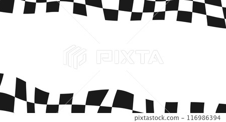Race checker flag background. Finish check rally background. Wavy psychedelic chessboard pattern. Hippie twisted gingham checkerboard frame. Vector illustration isolated on white background 116986394