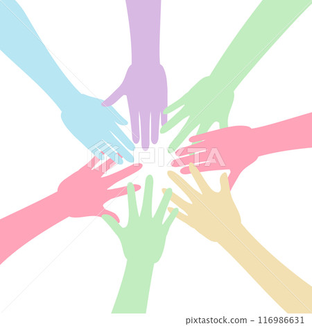 Illustration of people forming a circle and putting their hands together to cooperate Illustration of people forming a circle and putting their hands together to cooperate 116986631