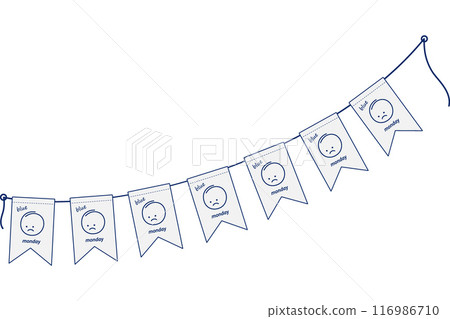 Holyday pennant garland on rope with sad emoticon and inscription blue Monday. Greeting design idea Holyday pennant garland on rope with sad emoticon and inscription blue Monday. Greeting design idea 116986710