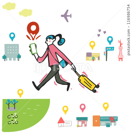 A woman walking through town while looking at a map app on her smartphone - Stock illustration set 116986754