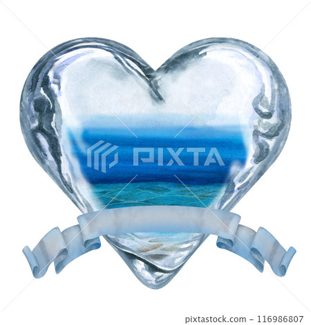 Seascape of blue waves and underwater in the shape of a glass heart with ribbon for text. Love for the sea in the heart. Watercolor illustration for sticker, label, scrapbook, badge, textile Seascape of blue waves and underwater in the shape of a glass heart with ribbon for text. Love for the sea in the heart. Watercolor illustration for sticker, label, scrapbook, badge, textile 116986807