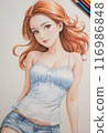 A cute girl with short hair is smiling in a relaxed pose wearing pastel lingerie. 116986848