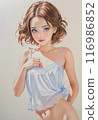 A cute girl with short hair is smiling in a relaxed pose wearing pastel lingerie. 116986852