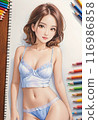 A cute girl with short hair is smiling in a relaxed pose wearing pastel lingerie. 116986858