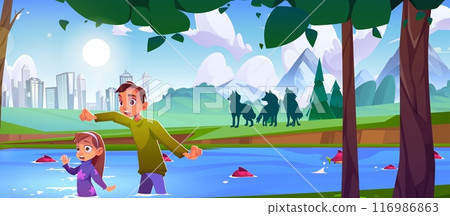 Scared children in river water near wild wolves. 116986863