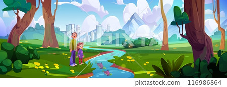 Children in forest or park near river with fish. 116986864