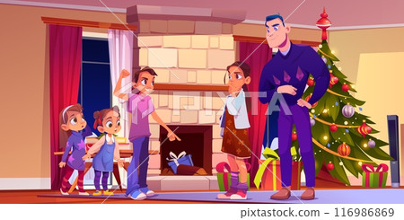 Surprised kids and man in living room on Christmas 116986869