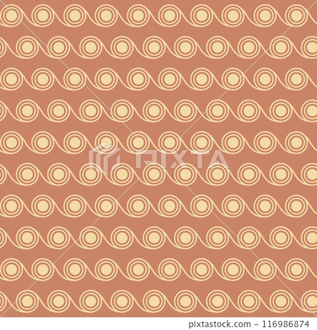 Repeating motif of circular and wave-like shapes arranged in horizontal rows. Beige lines on muted terracotta background. 116986874