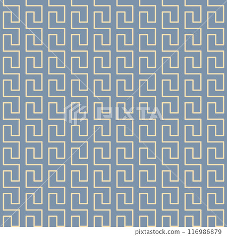 Repeating geometric motif pattern. Beige interconnected right-angled lines on muted blue background. 116986879