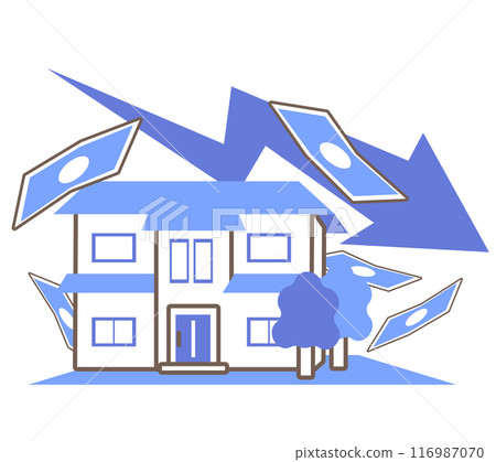 Illustration of real estate values falling and money decreasing 116987070