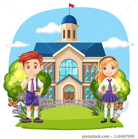 Children in Front of School Building 116987095