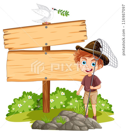 Boy with Net and Signboard Boy with Net and Signboard 116987097